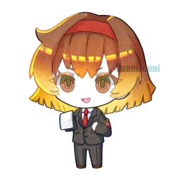  1girl :d armband black_jacket black_pants blonde_hair brown_eyes brown_hair chibi collared_shirt full_body funnibunni gradient_hair hairband highres jacket lobotomy_corporation long_sleeves looking_at_viewer malkuth_(project_moon) multicolored_hair necktie open_mouth pants project_moon red_armband red_hairband red_necktie shirt short_hair simple_background smile solo standing white_background white_shirt 