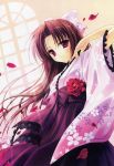  brown_hair hakama highres japanese_clothes petals pink_eyes ribbon ribbons ryohka ryouka_(suzuya) 