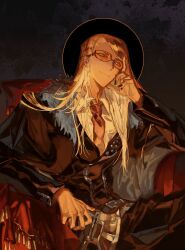  1boy black_nails blonde_hair blue_eyes collared_shirt fate/grand_order fate_(series) fur-trimmed_jacket fur_trim highres jacket long_hair long_sleeves looking_at_viewer male_focus mygrimsobamtee necktie orange-tinted_eyewear shirt sitting smile solo sunglasses tezcatlipoca_(fate) tinted_eyewear white_shirt 