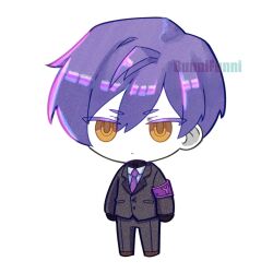  1boy armband black_gloves black_jacket black_pants chibi closed_mouth collared_shirt full_body funnibunni gloves highres jacket lobotomy_corporation looking_at_viewer male_focus necktie pants project_moon purple_armband purple_hair purple_necktie shirt short_hair simple_background solo standing sweater turtleneck turtleneck_sweater white_background white_shirt yellow_eyes yesod_(project_moon) 