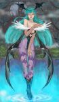  blue_hair boots capcom castle closed_eyes darkstalkers head_wings headwings lips long_hair morrigan_aensland night pantyhose pon vampire_(game) water wings 