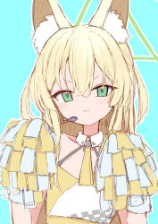  1girl absurdres alternate_costume animal_ear_fluff animal_ears blonde_hair blue_archive blush closed_mouth fox_ears fox_girl green_eyes green_halo hair_between_eyes halo highres holding holding_pom_poms inaba_reito kurumi_(blue_archive) long_hair looking_at_viewer microphone millennium_cheerleader_outfit_(blue_archive) pom_pom_(cheerleading) ribbon sidelocks solo sports_bra white_sports_bra yellow_ribbon 