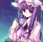  hair_ribbon hair_ribbons hat long_hair patchouli_knowledge purple_eyes purple_hair ribbon ribbons teacup touhou violet_eyes yatosaki_haru 