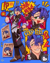 !! !? 1boy ? ^^^ black_gloves black_pants blue_background blue_hair blush bomb brown_footwear calling chibi colorful downturned_eyes earring emoji english_text eyebrows_visible_through_hair flower_in_mouth gloves green_eyes heart holding_phone honkai:_star_rail open_mouth pants red_jacket rose sampo_koski short_hair smile sparkle speech_bubble teeth two-tone_hair wanted_poster white_hair white_shirt wink