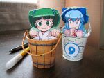 blue_hair bow bucket cirno girl_in_bucket green_eyes green_hair hair_ribbon hirosato in_bucket in_container kisume multiple_girls paper_child papercraft photo ribbon touhou ⑨ 