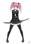  1girl black_legwear drill_hair hair_ribbon highres katana loafers long_hair looking_at_viewer original pink_hair ribbon school_uniform shoes simple_background sky_(freedom) smile solo sword thigh-highs twin_drills weapon white_background zettai_ryouiki 