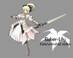  armor armored_dress bare_shoulders blonde_hair detached_sleeves dress fate/stay_night fate/unlimited_codes fate_(series) green_eyes hair_ribbon ponytail ribbon saber saber_lily solo sword weapon 