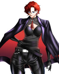  absurdres alternate_costume boots chaps gloves highres jacket leather leather_belt leather_gloves leather_jacket leather_pants leather_suit nagaomono necktie pants red_hair thigh-highs thigh_boots vanessa_(kof) 