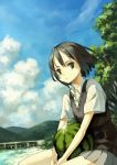  cloud clouds flat_chest food fruit green_eyes highres holding holding_fruit houru original short_hair skirt sky sweater tree trees watermelon 