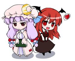  blush book breasts chibi crescent demon_tail fangs hair_ribbon hat head_wings headwings heart koakuma long_hair necktie nekohane_ryou patchouli_knowledge purple_eyes purple_hair red_eyes red_hair redhead ribbon simple_background slit_pupils spoken_heart tail touhou vest wings 