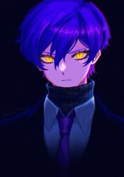  1boy black_background black_jacket closed_mouth collared_shirt funnibunni highres jacket lobotomy_corporation looking_at_viewer male_focus necktie project_moon purple_hair purple_necktie shirt short_hair simple_background solo sweater turtleneck turtleneck_sweater upper_body white_shirt yellow_eyes yesod_(project_moon) 
