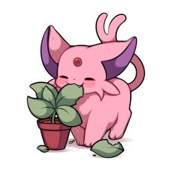  absurdres animal_focus closed_eyes closed_mouth eating espeon fang forehead_jewel forked_tail highres leaf no_humans plant pokemon pokemon_(creature) pokemon_focus potted_plant sevi_(seviyummy) simple_background smile solo tail 