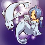  1girl ahoge bare_shoulders blue_hair blush blush_stickers bow breasts cleavage detached_sleeves dewgong dress fangs hitec horn long_hair moemon open_mouth personification pokemon pokemon_(creature) pokemon_(game) pokemon_rgby ponytail seal simple_background sleeves_past_wrists tail wink 