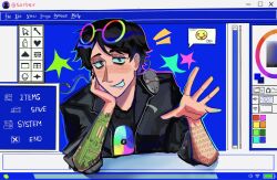  1non-binary binary_code black_hair bright_background computer_mouse date_everything emoji glasses mac_(date_everything) mspaint tagme tattoo_sleeve tattoos user_interface watermark 