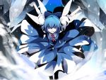  blue_hair bow cirno grin hair_bow ice outstretched_arms short_hair smile spread_arms touhou uki_(room_405) wings 