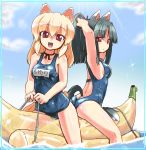  bad_id banana_boat black_hair blonde_hair fox_ears girl_on_banana homura_subaru one-piece_swimsuit original red_eyes school_swimsuit school_uniform swimsuit tail 