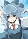  blue_eyes blue_hair bow cirno close-up hair_bow kurasawa_moko large_bow necktie outstretched_arms short_hair sketch spread_arms touhou wings 