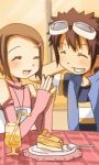  1boy 1girl blush brown_hair cafe cake camera closed_eyes cocktail couple digimon digimon_adventure_02 food gloves goggles hetero kurot lowres motomiya_daisuke pastry short_hair smile table yagami_hikari 