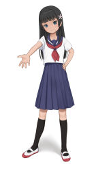  1girl black_hair black_socks blue_eyes blue_sailor_collar blue_skirt blunt_bangs closed_mouth commentary commission english_commentary full_body hand_on_own_hip highres kneehighs kuroshiro00 legs_apart long_hair long_skirt looking_at_viewer neckerchief pleated_skirt reaching reaching_towards_viewer red_neckerchief sailor_collar sakugawa_school_uniform saten_ruiko school_uniform serafuku shoes short_sleeves simple_background skirt smile socks solo standing summer_uniform toaru_kagaku_no_railgun toaru_majutsu_no_index uwabaki white_background 