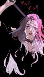 1girl arm_up black_background black_dress black_nails brown_hair character_name choker clothing_cutout commentary corrupted_twitter_file dress english_commentary gradient_hair grotta highres holding holding_weapon kamen_rider kamen_rider_gavv_(series) lace lace_choker long_hair looking_at_viewer multicolored_hair parted_lips pink_eyes pink_hair pink_lips shoulder_cutout solo syatimaru36 tokusatsu translation_request upper_body weapon