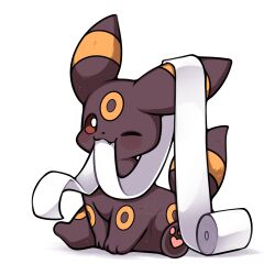  absurdres animal_focus black_fur colored_sclera commentary eating english_commentary highres looking_at_viewer no_humans one_eye_closed pokemon pokemon_(creature) pokemon_focus red_eyes red_sclera sevi_(seviyummy) simple_background smile tail toilet_paper umbreon white_background 