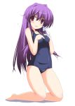  fujibayashi_kyou hairdressing kneeling kugui_kiyunemu long_hair one-piece_swimsuit purple_eyes purple_hair school_swimsuit simple_background solo swimsuit 