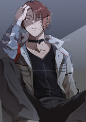  1boy absurdres black_choker black_shirt brown_eyes brown_hair choker grey_jacket grey_pants hand_in_own_hair hand_up highres jacket kagami_hayato knees_up legs_apart long_sleeves looking_at_viewer male_focus nijisanji norimi_(01norimi28) open_clothes open_jacket pants shirt short_hair sitting solo v-neck 