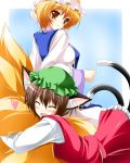  blonde_hair blues blush brown_hair cat_ears cat_tail chen china_dress chinadress chinese_clothes earrings fox_ears fox_tail hat hug jewelry kamiya_tomoe short_hair tail tail_hug touhou yakumo_ran 