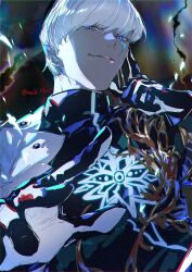  1boy absurdres armor black_gloves black_shirt blue_eyes colored_skin earrings fate/grand_order fate_(series) finger_to_face gloves grey_skin highres indra_(fate) jewelry lightning_bolt_facial_mark looking_at_viewer male_focus nasubi_illust pauldrons reaching reaching_towards_viewer shirt short_hair shoulder_armor single_pauldron solo twitter_username upper_body white_hair 