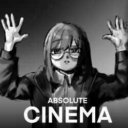  1girl absolute_cinema_(meme) collared_shirt daijoyuu-san_(synthesizer_v) english_text glasses gradient_background greyscale half-closed_eyes hands_up highres iyowa_girls jacket long_sleeves looking_at_viewer medium_hair meme monochrome open_clothes open_hands open_jacket parted_lips round_eyewear ryuki_(scaras_ryuki) shirt solo straight-on upper_body yuu_(iyowa) 