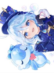  1girl :d ahoge asymmetrical_gloves black_gloves blue_eyes blue_hair blue_hat blue_shirt blush bubble chonako commentary_request double-parted_bangs furina_(genshin_impact) genshin_impact gloves hair_between_eyes hat heart heart_hands highres long_sleeves looking_at_viewer medium_hair mismatched_pupils multicolored_hair multiple_girls open_mouth rotated shirt simple_background smile streaked_hair surintendante_chevalmarin teeth tilted_headwear upper_teeth_only vision_(genshin_impact) white_background white_gloves 