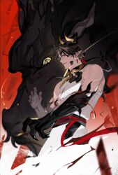  1boy absurdres arknights chinese_commentary chongyue_(arknights) commentary_request dragon dragon_boy dragon_claw dragon_horns earrings highres horns jewelry male_focus muscular muscular_male pants pointy_ears ponytail red_eyes shirt solo somnolence_(hranxy) white_pants white_shirt 