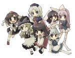  6+girls apron aura_(a440) bunny_ears chibi dress geta hairband hakurei_reimu hat inaba_tewi izayoi_sakuya kirisame_marisa mary_janes multiple_girls rabbit_ears reisen_udongein_inaba shameimaru_aya shoes socks tengu-geta thigh-highs thighhighs touhou yagokoro_eirin 