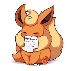  absurdres animal_focus closed_eyes closed_mouth eating fang flareon highres homework no_humans paper pokemon pokemon_(creature) pokemon_focus sevi_(seviyummy) simple_background sitting smile tail white_background 