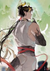  2boys 3girls absurdres arknights chinese_text chongyue_(arknights) colored_extremities commentary cup dragon_boy dragon_girl dragon_horns dragon_tail dusk_(arknights) earrings from_behind highres holding holding_cup horns jewelry ling_(arknights) male_focus multicolored_hair multiple_boys multiple_girls nian_(arknights) pants pointy_ears ponytail shirt silhouette somnolence_(hranxy) sui_(arknights) symbol-only_commentary tail white_pants white_shirt 