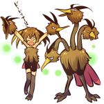  1girl armpits bare_shoulders bird birds boots brown_hair cheerleader dodrio gloves hitec moemon o_o personification pokemon pokemon_(creature) pokemon_(game) pokemon_rgby puppet short_hair shouting simple_background sleeveless standing thigh-highs thigh_boots thighhighs translated yelling 