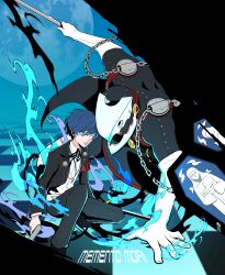  1boy black_pants blue_eyes blue_hair botati checkered_floor coffin cross evoker full_moon gloves gun hair_between_eyes highres holding holding_gun holding_weapon latin_cross looking_at_viewer male_focus moon pants persona persona_3 short_hair solo squatting thanatos_(persona) weapon white_gloves yuuki_makoto_(persona_3) 