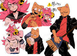  1boy 1girl animal_ears bell black_eyes black_gakuran black_jacket black_pants black_sailor_collar black_scarf broom broom_guitar burgerpants cat_boy cat_ears cat_girl cat_nose chain constricted_pupils crumbs detached_hair eating fangs food furry furry_male gakuran gold_chain hair_bell hair_ornament hand_on_own_chest hatching_(texture) highres jacket jewelry jingle_bell kkupiii looking_at_another looking_to_the_side mad_mew_mew mixed-language_commentary multiple_pov neckerchief necklace open_mouth orange_fur pants pink_scarf pink_shirt pov red_neckerchief red_shirt sailor_collar scarf school_uniform serafuku shaded_face shirt simple_background smile standing steamed_bun sweatdrop thick_eyebrows unbuttoned unconventional_guitar undertale white_background white_shirt 