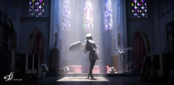  1girl 997308756 amamiya_yuuko candle church cross crucifix ef_(visual_novel) flower hat highres indoors jesus long_hair long_sleeves pew rose shadow solo stained_glass white_flower white_hat white_rose white_wings wide_shot wings 