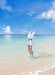  cinderace clouds commentary day feru.feru from_side looking_to_the_side ocean outdoors pokemon pokemon_(creature) signature sky solo standing wading water 