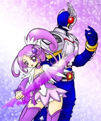 1boy 1girl armor blay_buckle brooch choker crossover cure_sword dokidoki!_precure earrings energy_sword full_armor hair_ornament harapekobijin heart heart_brooch high_ponytail jewelry kamen_rider kamen_rider_blade kamen_rider_blade_(series) kenzaki_kazuma kenzaki_makoto looking_to_the_side magical_girl ponytail precure purple_arm_warmers purple_choker purple_hair purple_skirt purple_theme red_eyes rider_belt skirt spade_(shape) spade_earrings spade_hair_ornament standing sword violet_eyes weapon