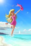  barefoot blonde_hair blush dress green_eyes hat paula_pink pink_dress running sky water 