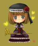  bow bows brown_hair butterflies butterfly chibi dress elbow_gloves eva_beatrice flower gloves green_eyes hat pengin_guriko rose roses staff umineko_no_naku_koro_ni 