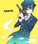  bad_id blue_eyes blue_hair cabbie_hat dust gun hat meko persona persona_4 reverse_trap shirogane_naoto short_hair smoke weapon 