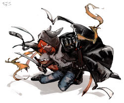  1girl absurdres animal_ear_hood arknights black_boots black_jacket black_shorts boots commentary crownslayer_(arknights) dated denim english_commentary fingerless_gloves full_body gloves grey_shirt hair_between_eyes highres holding holding_knife hood hooded_jacket hyena_ears jacket jeans kneeling knife looking_ahead mask mouth_mask orange_ribbon pants pants_under_shorts pppmepl puffy_short_sleeves puffy_sleeves red_eyes red_hair red_tail ribbon shadow sheath shirt short_shorts short_sleeves shorts signature solo torn_clothes torn_jeans torn_pants white_background 
