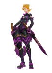 1girl black_footwear black_gloves blonde_hair breasts brown_eyes concept_art dual_wielding elbow_gloves full_body gloves holding hunting_era leaning_back purple_footwear sangsoo_jeong sheath sheathed simple_background small_breasts solo standing sword weapon 