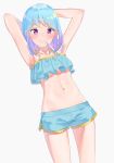 1girl aikatsu!_(series) aikatsu_friends! armpits arms_behind_head arms_up bangs bare_arms bare_shoulders bikini_top blue_bikini_top blue_hair blue_shorts blush closed_mouth collarbone commentary_request eyebrows_visible_through_hair gradient_hair grey_background highres k_mugura looking_at_viewer minato_mio mouth_hold multicolored_hair navel purple_hair short_shorts shorts simple_background solo standing violet_eyes 