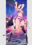  1girl armlet arms_behind_head bangs beach bikini black_footwear breasts covered_nipples eyepatch_bikini fate/grand_order fate_(series) full_body large_breasts long_hair low-tied_long_hair minamoto_no_raikou_(fate/grand_order) minamoto_no_raikou_(swimsuit_lancer)_(fate) navel night night_sky olys parted_bangs purple_bikini purple_hair sheath side-tie_bikini sky standing swimsuit under_boob very_long_hair violet_eyes walking walking_on_liquid water 