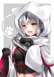  1girl :d absurdres animal_ears black_gloves breasts cat_ears claw_pose cloak commentary_request elbow_gloves fate/grand_order fate_(series) gloves hane_yuki highres hood hooded_cloak looking_at_viewer medium_breasts nagao_kagetora_(fate) open_mouth partly_fingerless_gloves smile solo white_hair yellow_eyes 