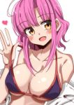  1girl :d absurdres bangs bikini_top blue_bikini_top blush breasts collarbone eyebrows_visible_through_hair gakkou_gurashi! heart highres large_breasts medium_hair open_mouth pink_hair sakura_megumi simple_background sinakyo sketch smile solo swimsuit upper_body white_background yellow_eyes 